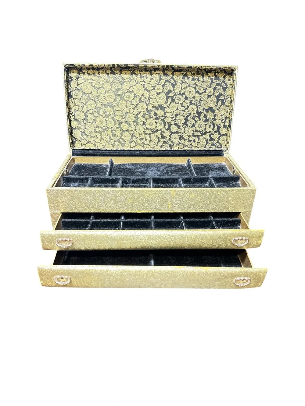 Vintage 1960s Gold Brocade Black Velvet Lined Lady Buxton Four Level Jewelry Box